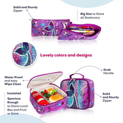 Eazy Kids 18-inch Set of 3 Mermaid Trolley School Bag Lunch Bag & Pencil Case, Purple