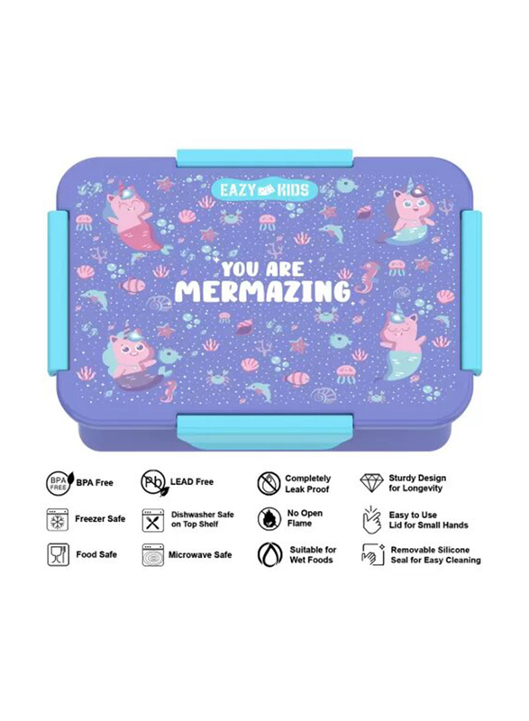 Eazy Kids Lunch Box, Mermaid, 3+ Years, 850ml, Purple