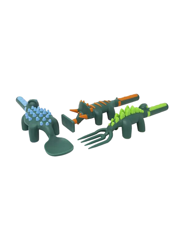 Eazy Kids 3-Piece Spoon Fork & Pusher, Dinosaur Dark Green