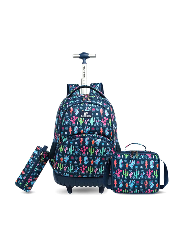 Eazy Kids 18-inch Set of 3 Cacti Trolley School Bag Lunch Bag & Pencil Case, Blue