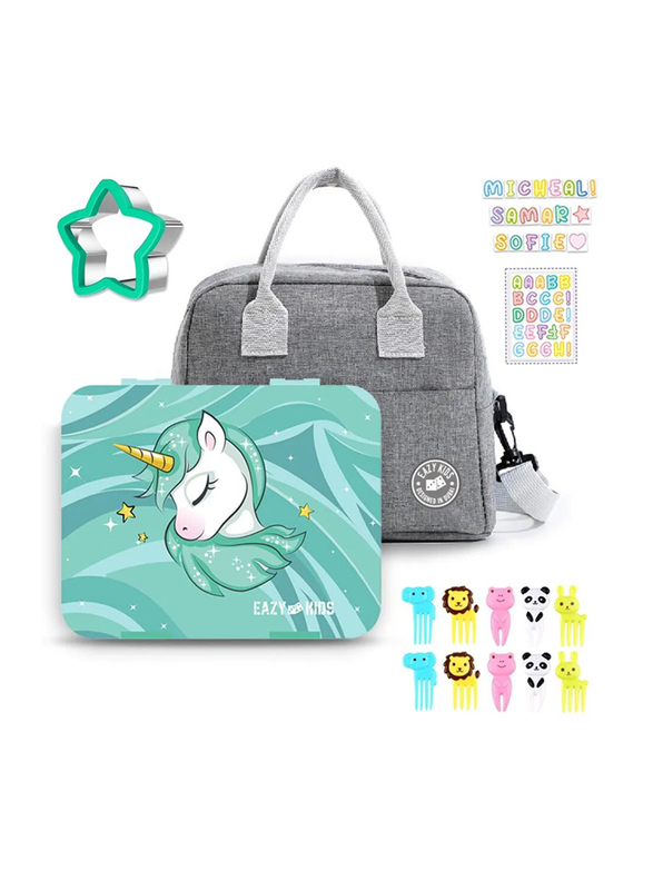 Eazy Kids Unicorn 6/4 Compartment Bento Lunch Box for Kids, with Lunch Bag, Green/Grey