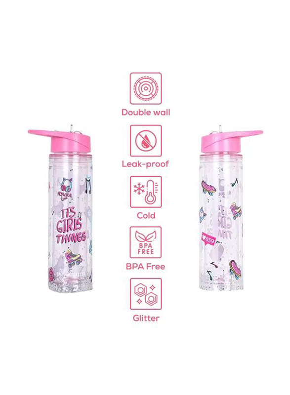 Eazy Kids Tritan Double Wall Glitter Water Bottle, 550ml, It's Girls Things Pink