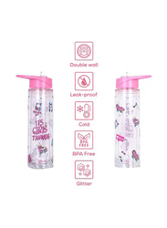 Eazy Kids Tritan Double Wall Glitter Water Bottle, 550ml, It's Girls Things Pink