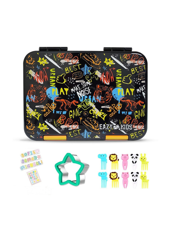 Eazy Kids 6 & 4 Convertible Bento Dino Bro Lunch Box with Sandwich Cutter Set for Kids, Black