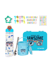 Eazy Kids Jawsome 6/4 Compartment Bento Lunch Box for Kids, with 2 in 1 Tritan Water Bottle & Steel Food Jar, Blue