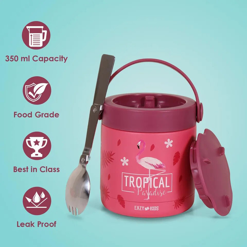 Eazy Kids Tropical Stainless Steel Insulated Food Jar for Kids, 350ml, Pink