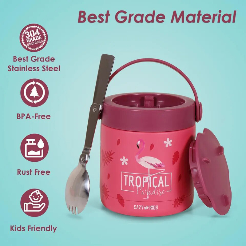 Eazy Kids Tropical Stainless Steel Insulated Food Jar for Kids, 350ml, Pink