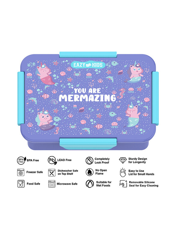 Eazy Kids Mermaid Lunch Box Set, 2 Pieces, 850ml & 650ml, 3+ Years, Purple