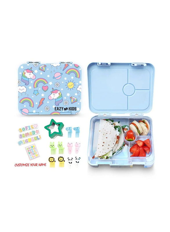 Eazy Kids Unicorn 4 Compartment Bento Lunch Box for Kids, with Lunch Bag, Pink