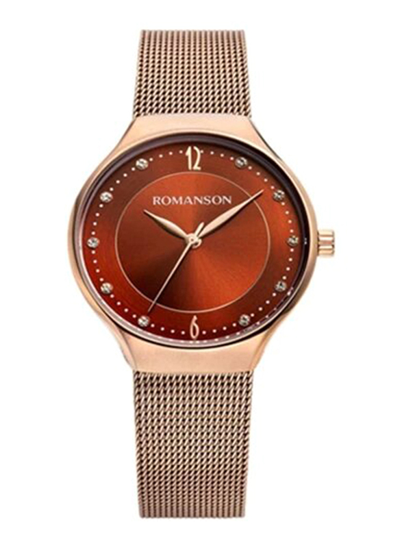 Romanson Analog Watch for Women with Stainless Steel Band, Water Resistant, TM9A18LLRRAB6R, Rose Gold-Brown