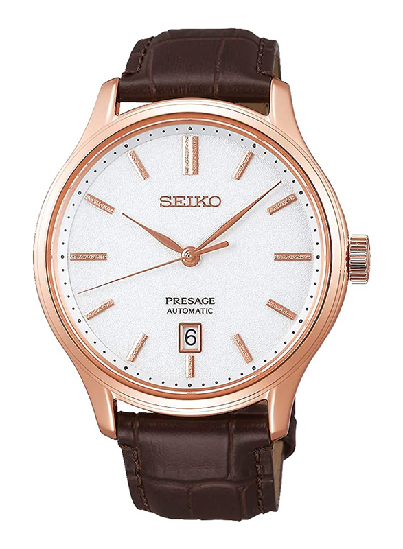 Seiko Presage Analog Watch for Men with Leather Genuine Band, Water Resistant, SRPD42J1, Brown-White/Rose Gold