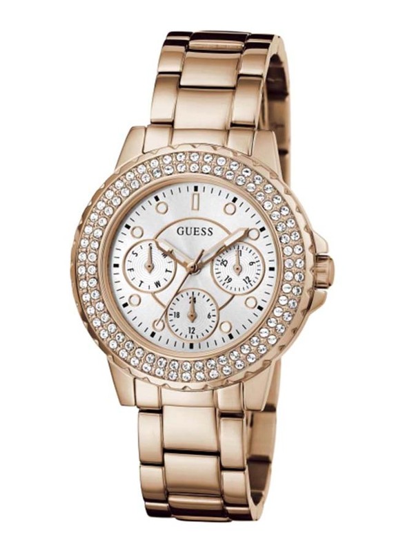 Guess Analog Watch for Women with Stainless Steel Band, Water Resistant & Chronograph, GW0410L3, Gold-White