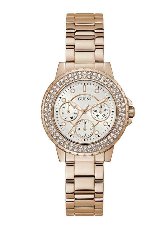 Guess Analog Watch for Women with Stainless Steel Band, Water Resistant & Chronograph, GW0410L3, Gold-White