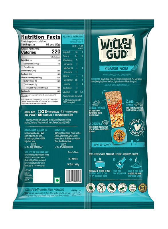 Wicked Gud Durum Wheat Rigatoni Pasta, 400g