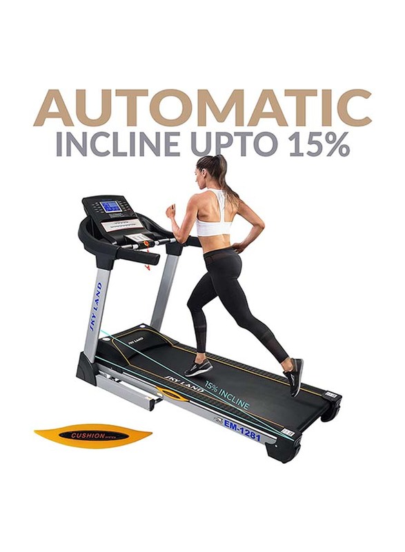 Sky Land Foldable Powerful Ac Motor 4.5 Hp Peak Light Commercial Treadmill with Built In Speaker, Automatic Incline 15% & Hydraulic Soft Drop System, EM-1281, Black/Grey
