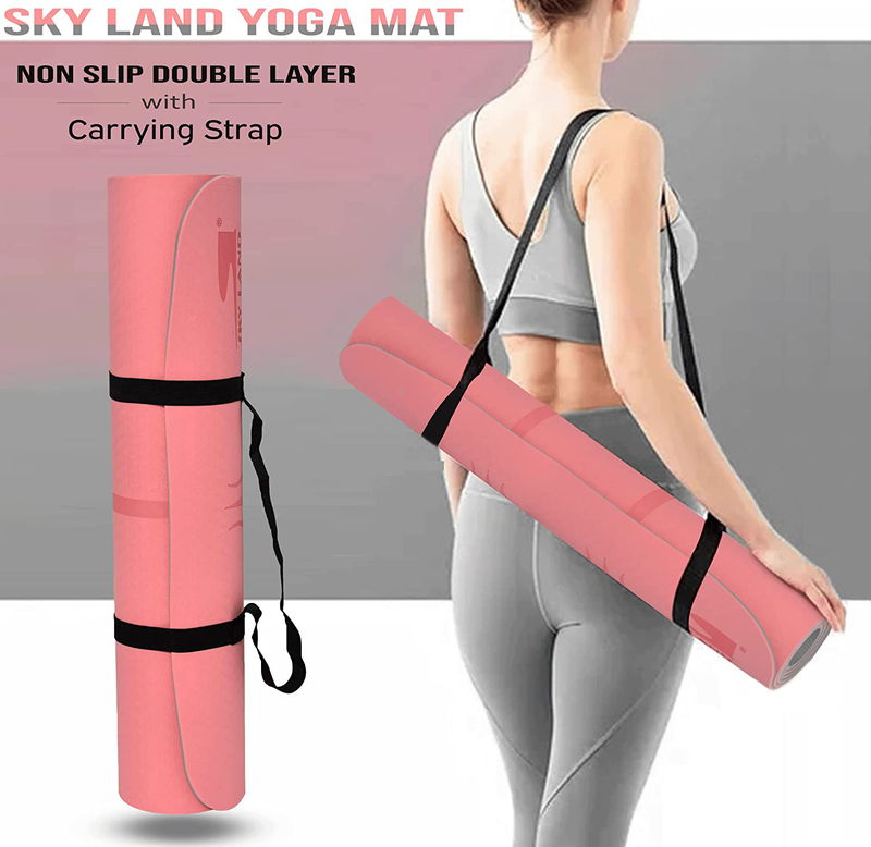 Sky Land Fitness Non-Slip Double Layer Exercise TPE Yoga Mat with Alignment Marks, Peach