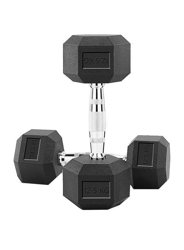 Sky Land Hex Rubber Coated Cast Iron Hexagonal Dumbbells Set, 2 x 12.5KG, Black