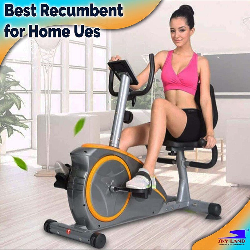 Sky Land Fitness Recumbent Exercise Bike with Digital Monitor for Indoor Cycling Exercise, EM-1536, Orange/Grey