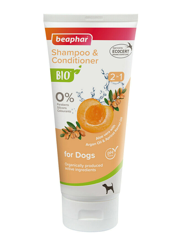 Beaphar Cosmetic Bio 2 in 1 Aloe Vera, Argan Oil & Apricot Dog Shampoo, 200ml, Orange