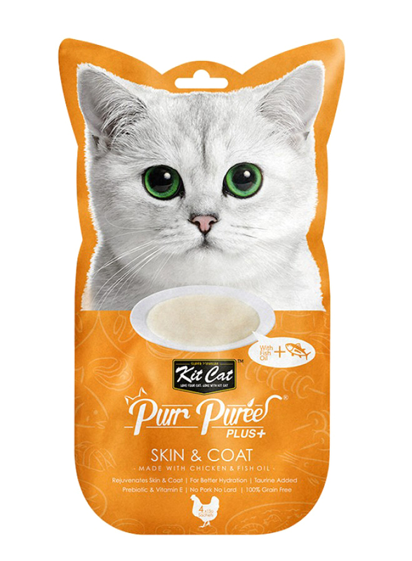 KitCat Purr Purees Plus Skin & Coat Chicken Flavour Soup Wet Cat Food, 4 Sachets x 15g
