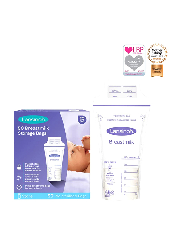 Lansinoh Breastmilk Storage Bags, 50 Sachet, Clear