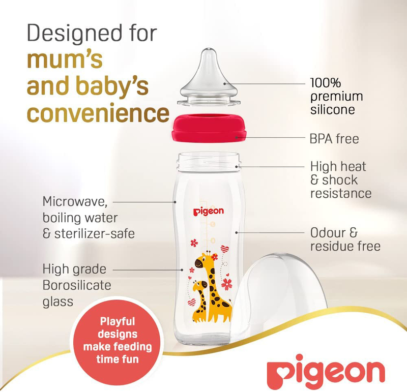Pigeon Glass Wide Neck Decorated Glass Bottle, 240ml, Red