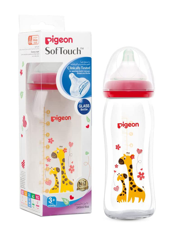 Pigeon Glass Wide Neck Decorated Glass Bottle, 240ml, Red