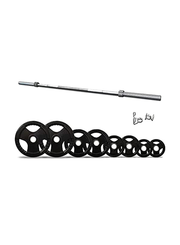 Ultimax 6-Feet Olympic Barbell Bar with Tri-Grip Rubber Plate Set for Body Pump Home Gym, 80Kg, Silver