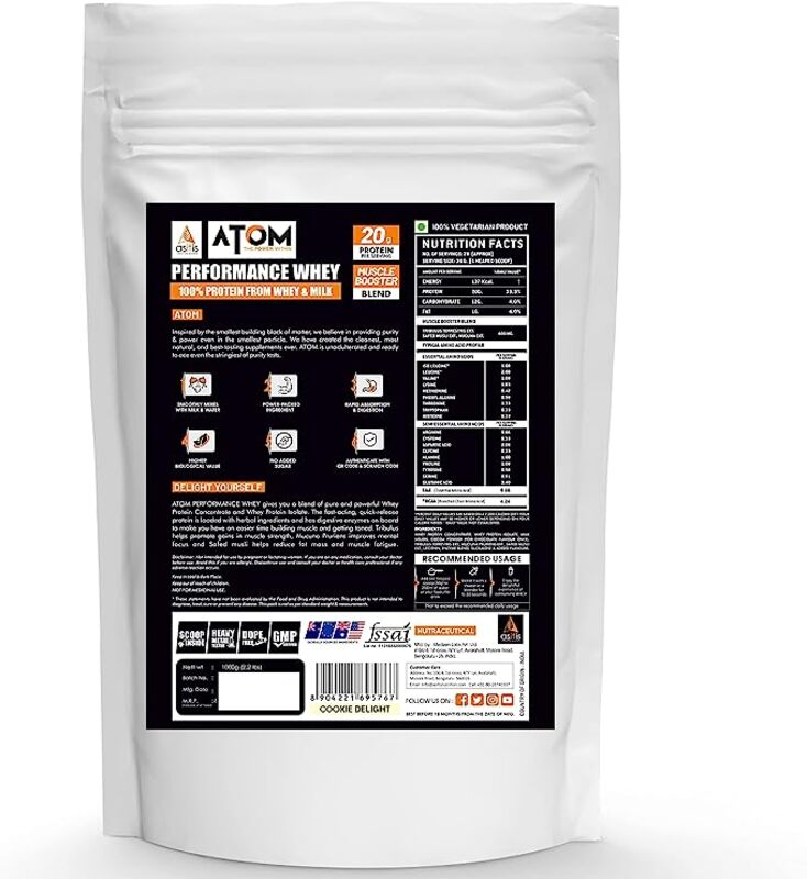 AS-IT-IS ATOM Performance Whey 1Kg With Safed Musli & Mucuna Pruriens For Faster Recovery Highly Bioavailable - Cookie delight flavor