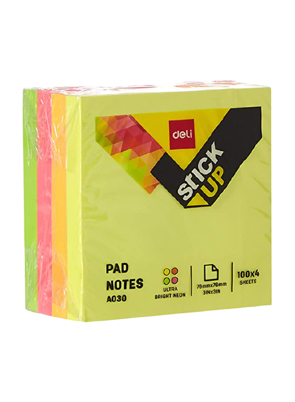 Deli Stick Up Sticky Notes, 3 x 3 inch, 400 Sheets, Neon