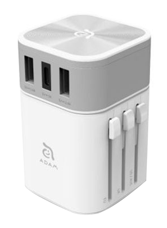 Adam Elements Omnia T3 Travel Adapter with USB-C, Type-A Ports, Built-in Fuse Protector, Sliver/White