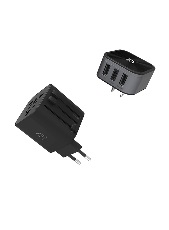 Adam Elements Omnia T3 Travel Adapter with USB-C, Type-A Ports, Built-in Fuse Protector, Black