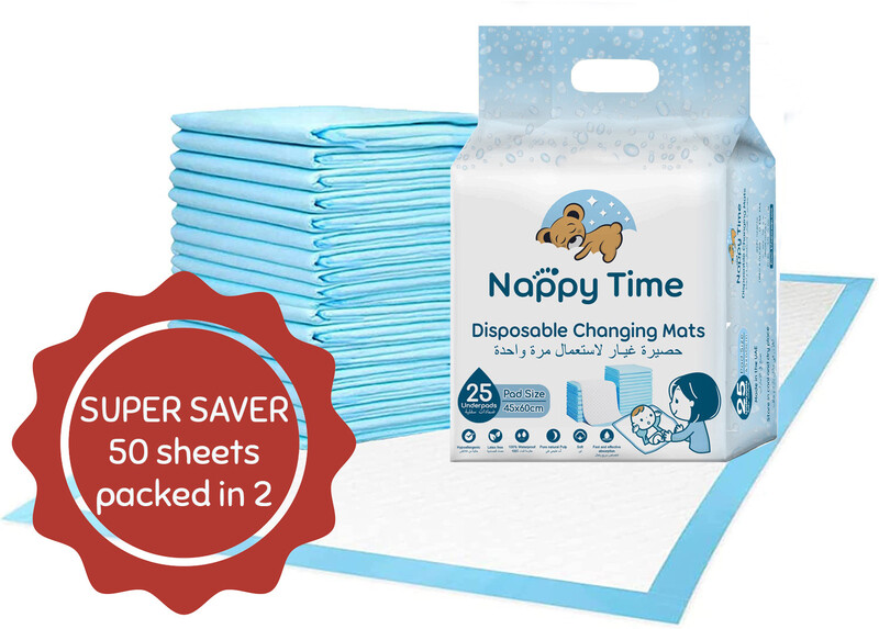 Nappy Time Disposable Changing Mats, Nappy Pad, Baby Diaper Mat, Leak-proof, High Absorbency, 100% Water-proof Size 45x60 - 50 sheets (25 sheets packed in 2)