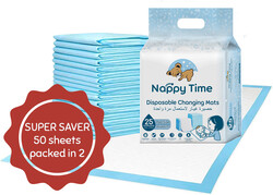 Nappy Time Disposable Changing Mats, Nappy Pad, Baby Diaper Mat, Leak-proof, High Absorbency, 100% Water-proof Size 45x60 - 50 sheets (25 sheets packed in 2)