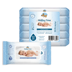 Nappy Time Baby Wipes Travel Pack 99.9% Water 10s'x5 (50 sheets)