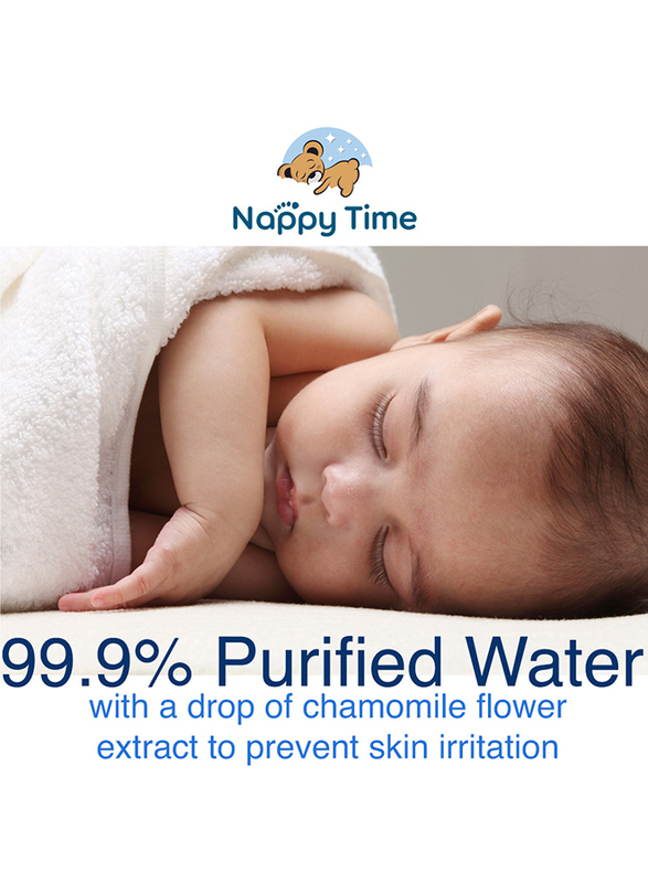 Nappy Time Baby Wipes 99.9% pure water with Chamomile extract - fragrance, alcohol and paraben free baby wipes, safe for new born skin, Pack of 8 Pouches +4 Free x60 Sheets, 720 Wipes