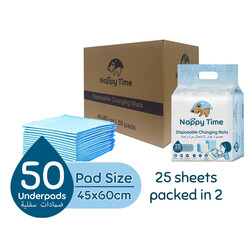 Nappy Time Disposable Changing Mats, Nappy Pad, Baby Diaper Mat, Leak-proof, High Absorbency, 100% Water-proof Size 45x60 - 50 sheets (25 sheets packed in 2)