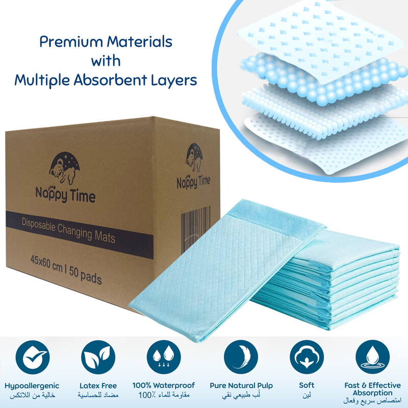 Nappy Time Disposable Changing Mats, Nappy Pad, Baby Diaper Mat, Leak-proof, High Absorbency, 100% Water-proof Size 45x60 - 50 sheets (25 sheets packed in 2)