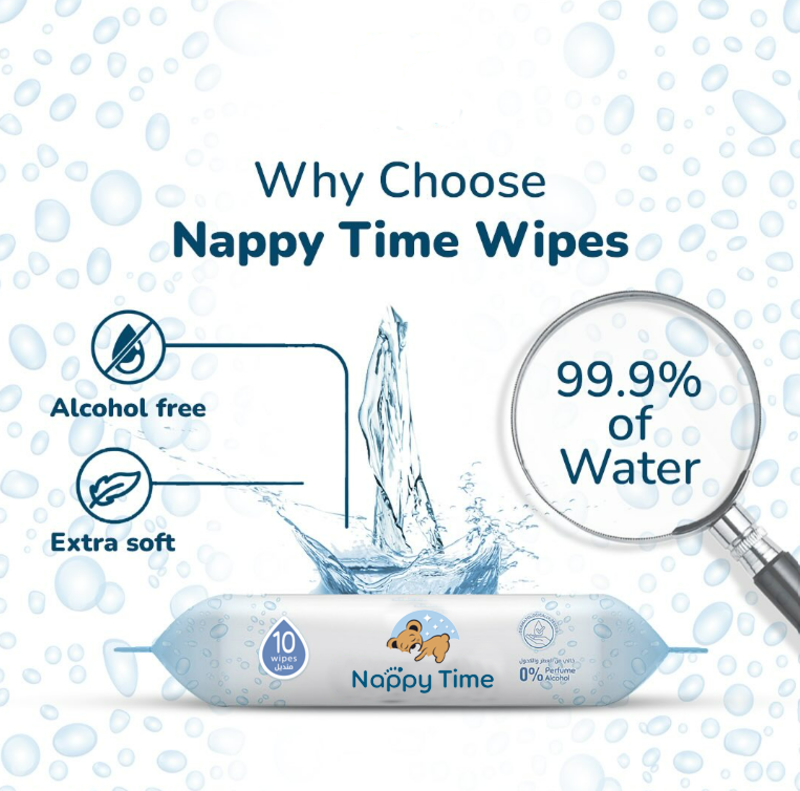 Nappy Time Baby Wipes Travel Pack 99.9% Water 10s'x5 (50 sheets)