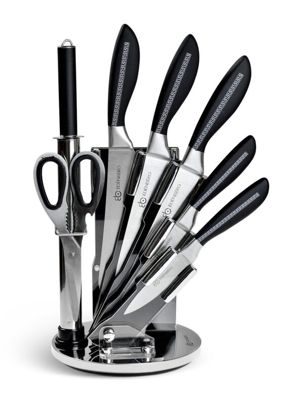 Edenberg 8-Piece Carbon Stainless Steel Chef Knife & Super Sharp Cutlery Set with Rotate Stand, EB-904, Silver/Black