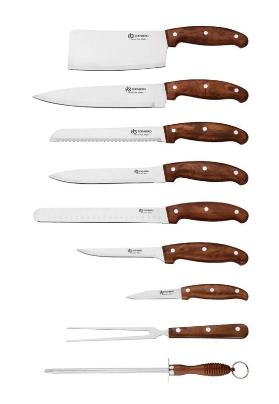 Edenberg 9-Piece Portable Chef Knife Set with Travel-Friendly Leather Pouch, EB-9085, Silver/Brown