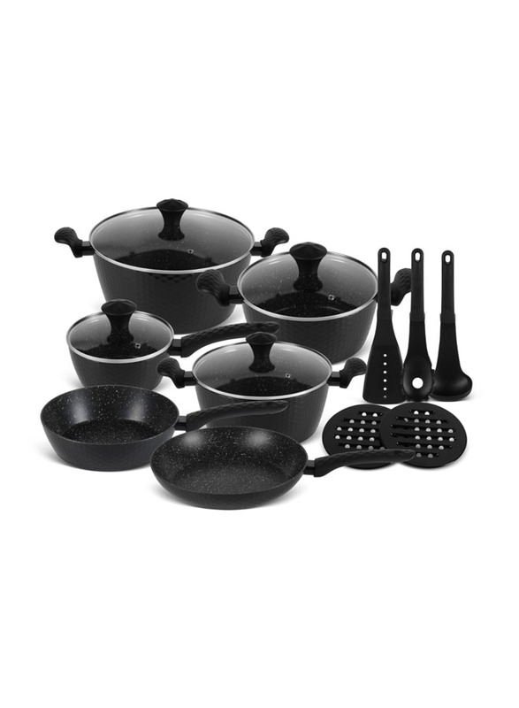 Edenberg 15-Piece Non-Stick Aluminium Round Cookware Set, Black