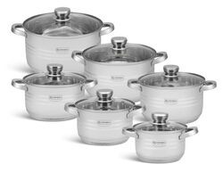 Edenberg 12-Piece Cookware Set, 6 Stainless Steel Pots + 6 Glass Lids, EB-4037, Silver
