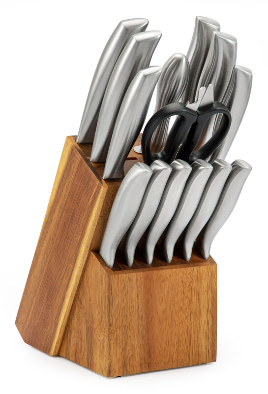 15-Piece Stainless Steel Knife Set with a Wooden Stand, YST-005, Silver/Brown
