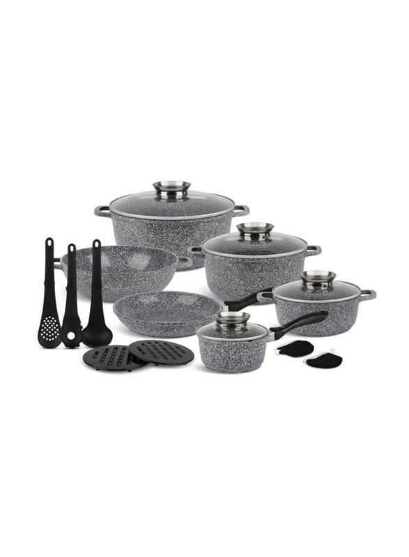 Edenberg 15-Piece Non-Stick Aluminium Round Cookware Set, Grey
