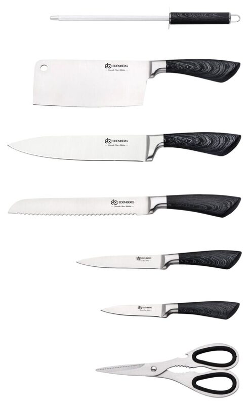 Edenberg 8-Piece Carbon Stainless Steel Kitchen Knife Set with Sharpener, EB-912, Silver/Black