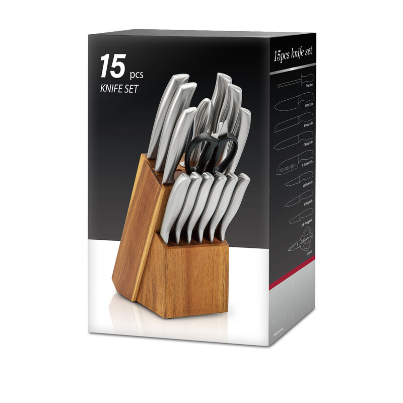 15-Piece Stainless Steel Knife Set with a Wooden Stand, YST-005, Silver/Brown