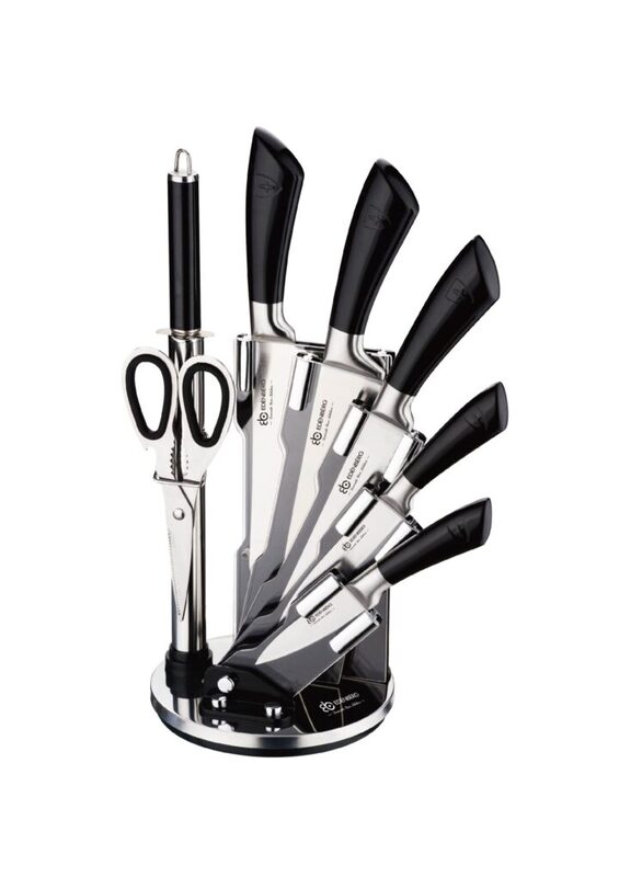 Edenberg 8-Piece Premium Carbon Stainless Steel Kitchen Knife Set with Kitchen Shears & Revolving Magnetic Stand, EB-917, Silver/Black