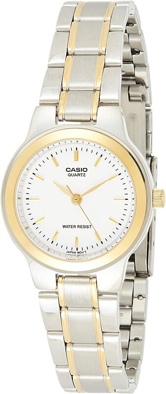 Casio Analog Watch for Women with Stainless Steel Band, Water Resistant, LTP-1129G-7BRDF, White-Gold/Silver