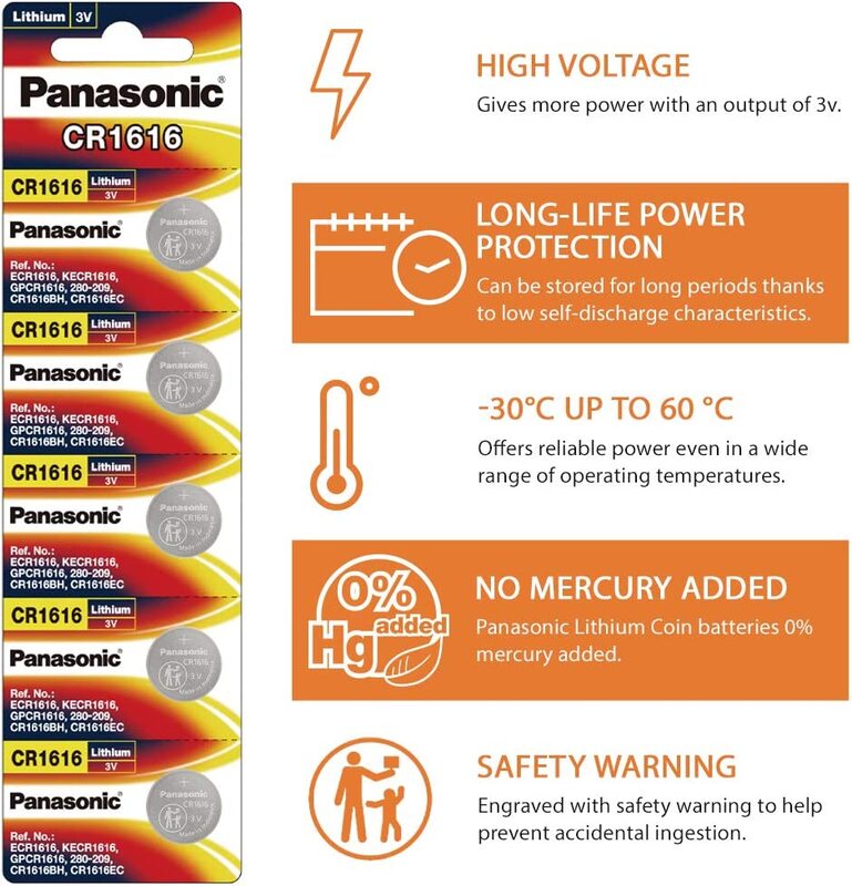 Panasonic CR1616 3V Lithium Coin Battery, 5 Pieces, Silver